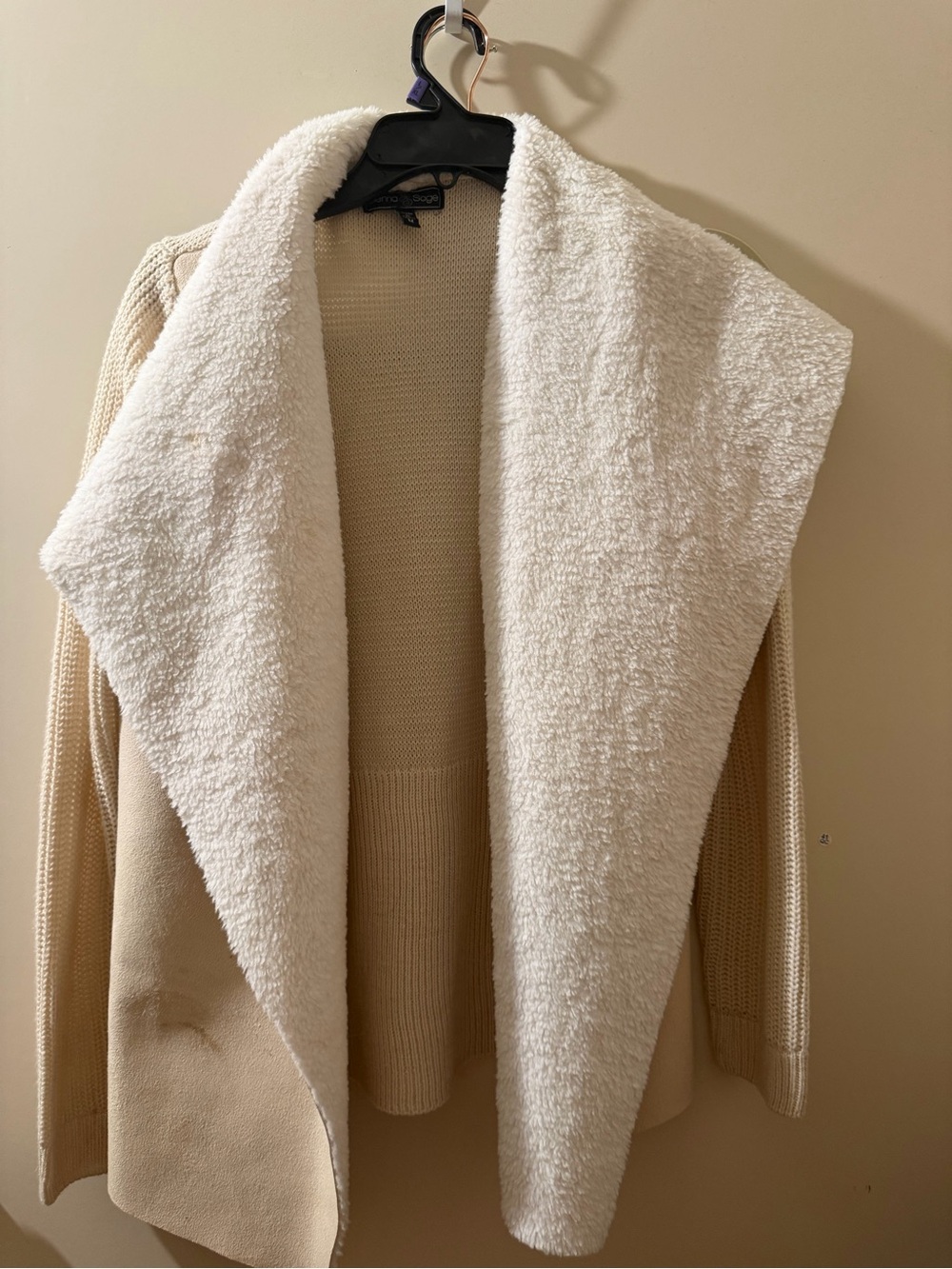 Cream Open-Front Sherpa-Collar Cardigan